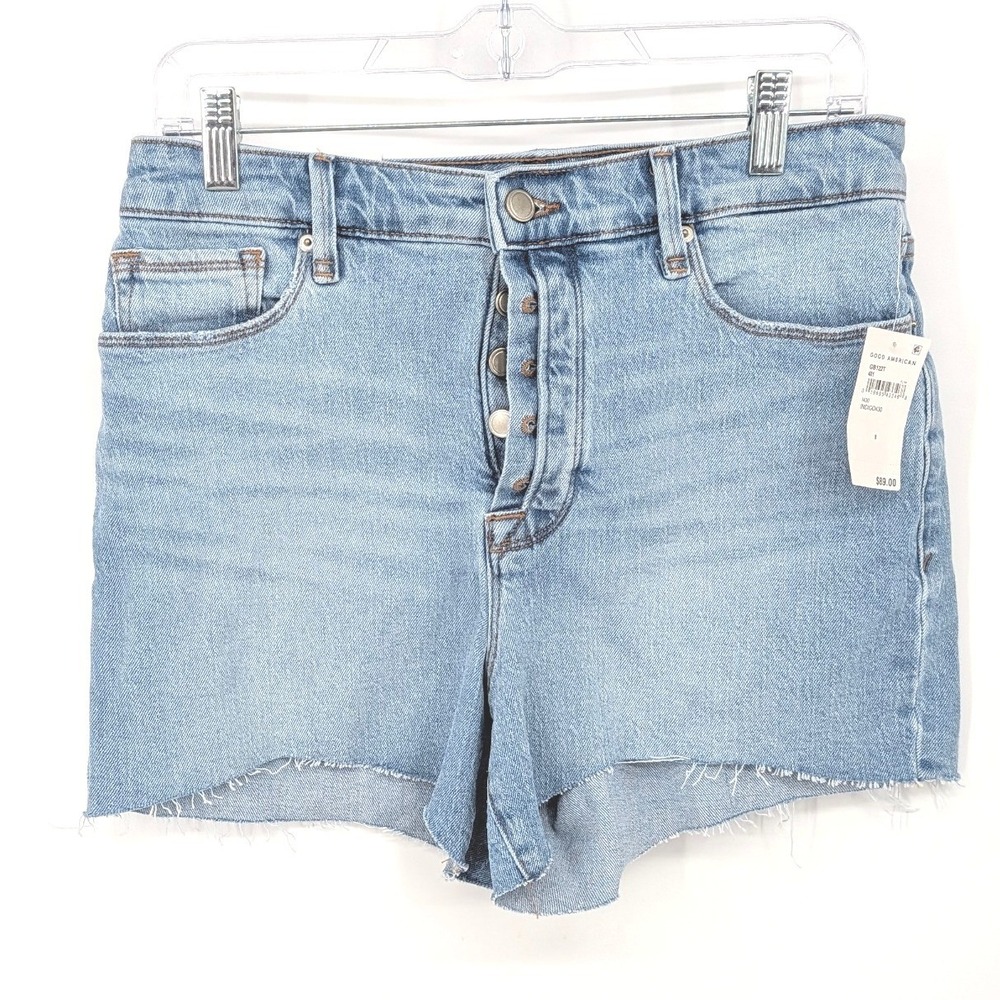 Good American Bombshell Short Women 8 Light Blue Denim High Rise Raw Hem Boho